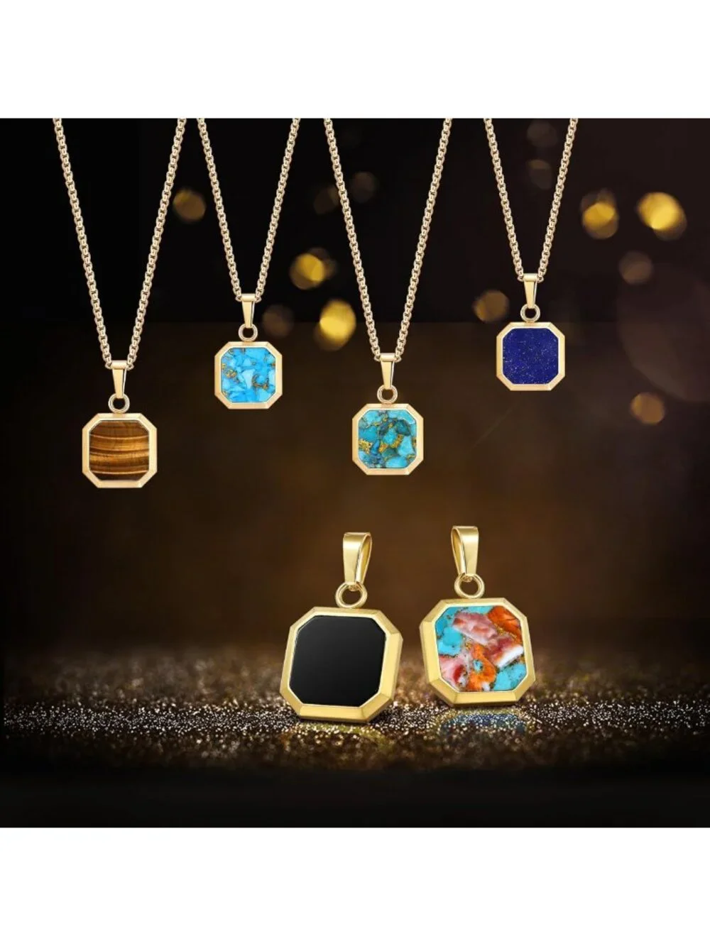 Stunning 14K Gold Plated Pendant Necklace with Black Onyx, Opal & More for Men